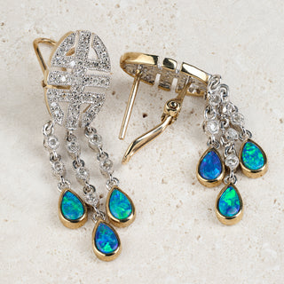 9ct White Gold Opal & Diamond Art Deco Style Drop Earrings - 37mm