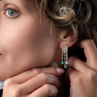 9ct White Gold Opal & Diamond Art Deco Style Drop Earrings - 37mm
