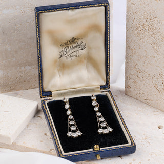 Edwardian 15ct Gold & Platinum 2.00ct Old Cut Diamond Drop Earrings - Boxed
