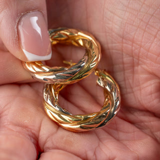 18ct Tri-Colour Gold Chunky Creole Hoop Earrings – 25mm