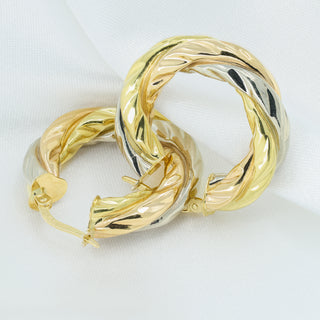 18ct Tri-Colour Gold Chunky Creole Hoop Earrings – 25mm