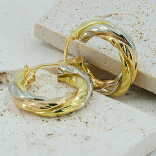 18ct Tri-Colour Gold Chunky Creole Hoop Earrings – 25mm