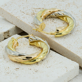 18ct Tri-Colour Gold Chunky Creole Hoop Earrings – 25mm