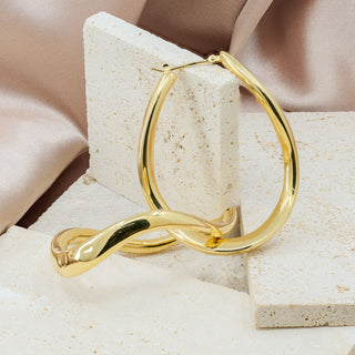 14ct Yellow Gold Large Dangle Twist Hoop Earrings - 50mm