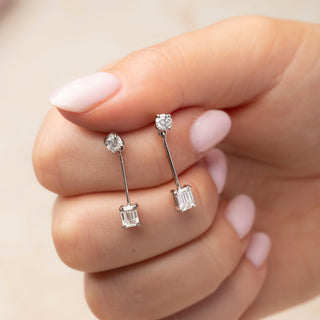 Platinum Emerald Cut & Round Cut 1.5ct Diamond Dangle Drop Line Earrings