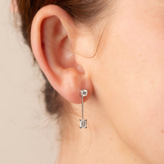 Platinum Emerald Cut & Round Cut 1.5ct Diamond Dangle Drop Line Earrings