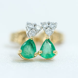 18ct Two-Tone Gold Emerald & Diamond Teardrop Earrings – Pear Cut