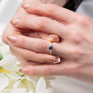 18ct Yellow Gold Blue Sapphire And Pear Cut Diamond Trilogy Ring