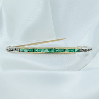 Late Victorian 15ct Gold Natural Emerald & Old-Cut Diamond Bar Brooch – 50mm – 3.6g