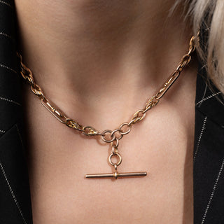 Antique 9ct Rose Gold Tulip Knot and Bar Link Double Albert Chain Necklace