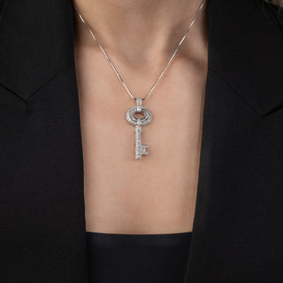 9ct White Gold 0.5ct Diamond Key Pendant Necklace On Snake Chain