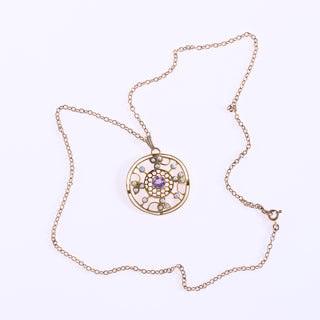 Edwardian 9ct Gold Purple Glass And Pearl Pendant Necklace