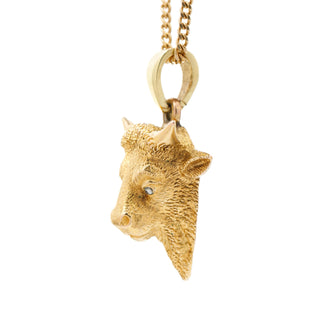 Antique 18ct Yellow Gold Novelty Diamond Eye Bull Pendant Curb Necklace