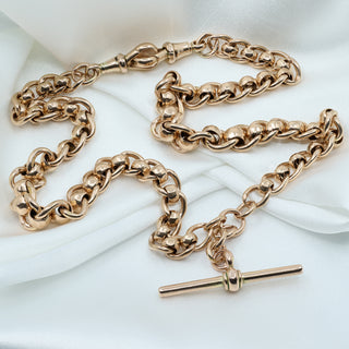 Antique 9ct Rose Gold Faceted Belcher Double Albert Watch Chain Necklace – 18 Inch – 52.3g