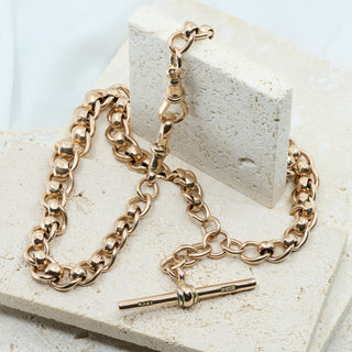 Antique 9ct Rose Gold Faceted Belcher Double Albert Watch Chain Necklace – 18 Inch – 52.3g