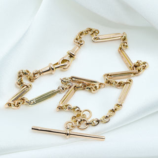 Antique 9ct Rose Gold Double Albert Fancy-Link Watch Chain Necklace – 14 Inch – 9.2g