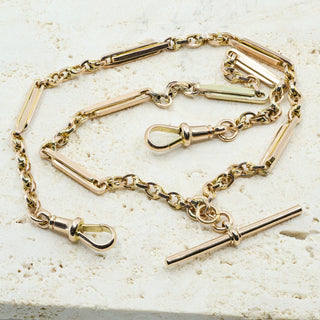 Antique 9ct Rose Gold Double Albert Fancy-Link Watch Chain Necklace – 14 Inch – 9.2g