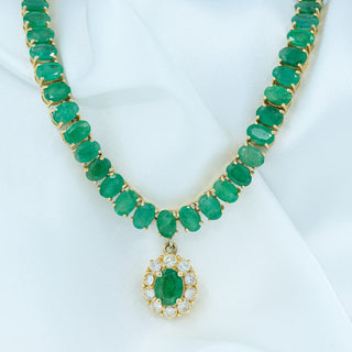 14ct Yellow Gold 39ct Natural Emerald & 0.60ct Diamond Drop Tennis Necklace – 17 Inch – 33.6g