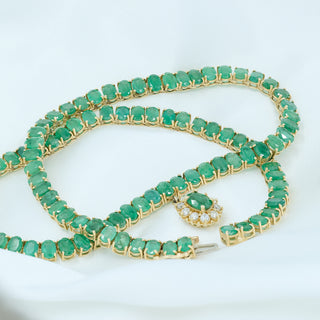 14ct Yellow Gold 39ct Natural Emerald & 0.60ct Diamond Drop Tennis Necklace – 17 Inch – 33.6g