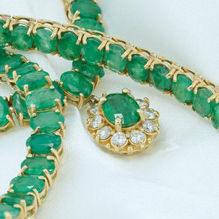 14ct Yellow Gold 39ct Natural Emerald & 0.60ct Diamond Drop Tennis Necklace – 17 Inch – 33.6g