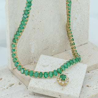 14ct Yellow Gold 39ct Natural Emerald & 0.60ct Diamond Drop Tennis Necklace – 17 Inch – 33.6g