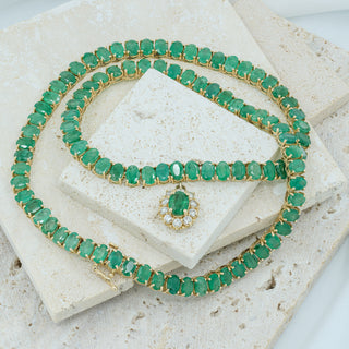 14ct Yellow Gold 39ct Natural Emerald & 0.60ct Diamond Drop Tennis Necklace – 17 Inch – 33.6g