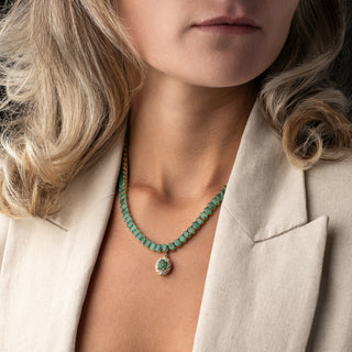 14ct Yellow Gold 39ct Natural Emerald & 0.60ct Diamond Drop Tennis Necklace – 17 Inch – 33.6g