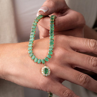 14ct Yellow Gold 39ct Natural Emerald & 0.60ct Diamond Drop Tennis Necklace – 17 Inch – 33.6g
