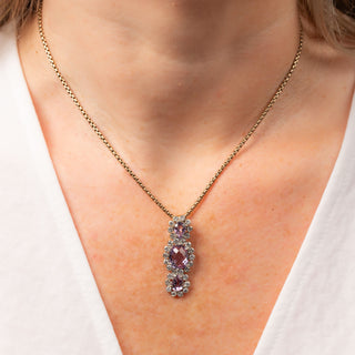 Vintage 9ct Yellow Gold Amethyst Trilogy 0.75ct Diamond Halo Necklace