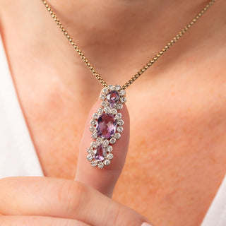 Vintage 9ct Yellow Gold Amethyst Trilogy 0.75ct Diamond Halo Necklace