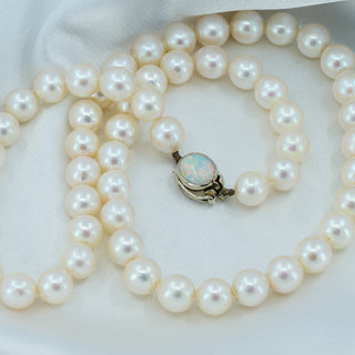 Single Strand 7mm White Pearl Necklace with 9ct White Gold Opal Clasp – 16.5”