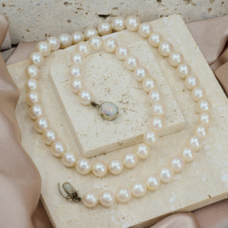 Single Strand 7mm White Pearl Necklace with 9ct White Gold Opal Clasp – 16.5”