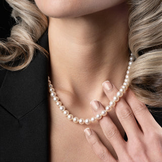 Single Strand 7mm White Pearl Necklace with 9ct White Gold Opal Clasp – 16.5”