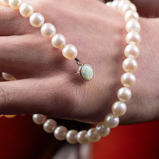 Single Strand 7mm White Pearl Necklace with 9ct White Gold Opal Clasp – 16.5”