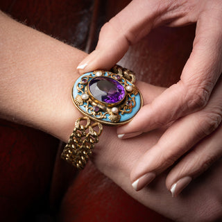 Antique Silver Gilt Austro Hungarian Amethyst Pearl And Enamel Double Curb Link 800 Silver Bracelet