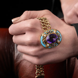 Antique Silver Gilt Austro Hungarian Amethyst Pearl And Enamel Double Curb Link 800 Silver Bracelet