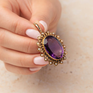 Antique 15ct Yellow Gold Amethyst Seed Pearl Conversion Clip Pendant