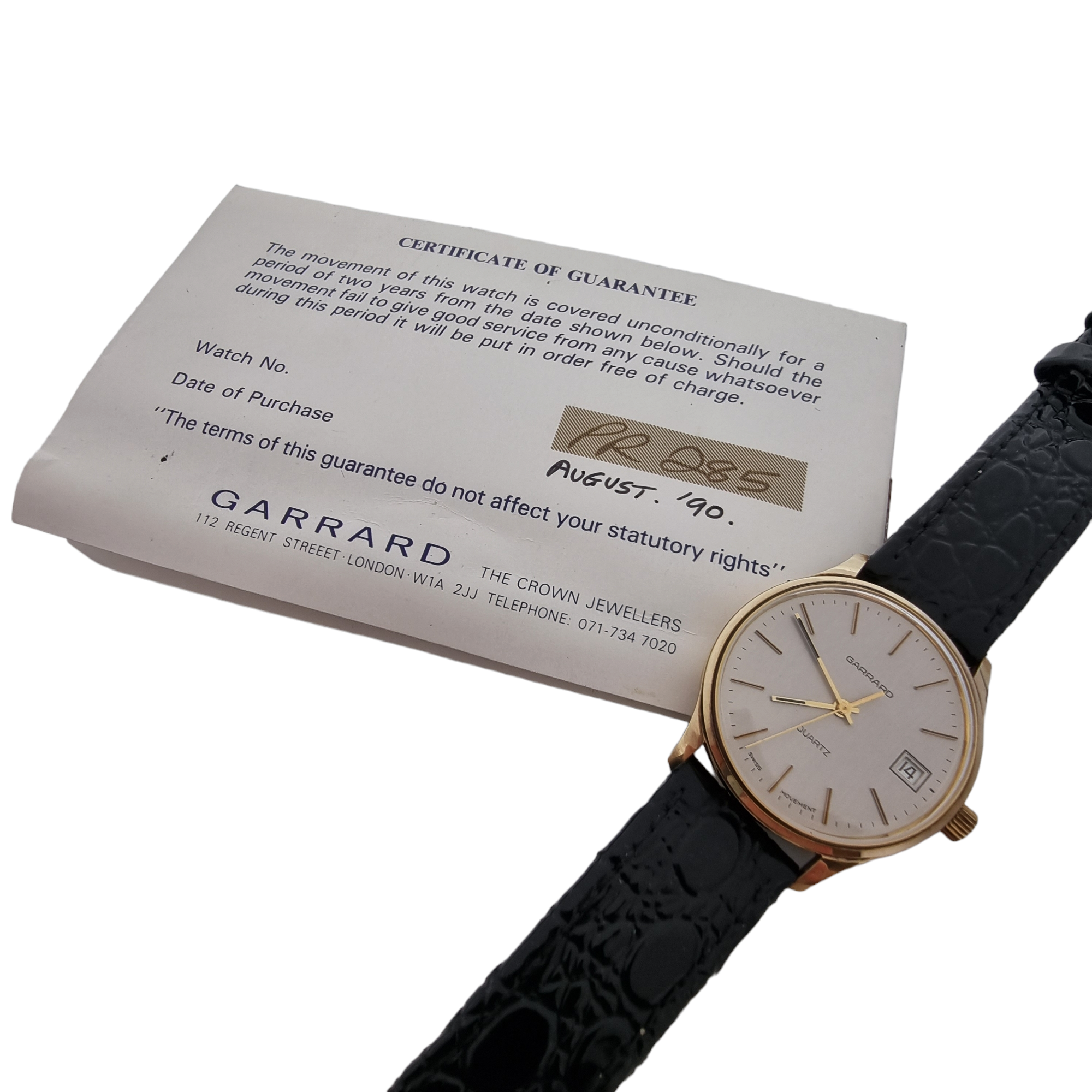 Garrard 9ct Yellow Gold Quartz Gents Dress Watch Full Set Dobson