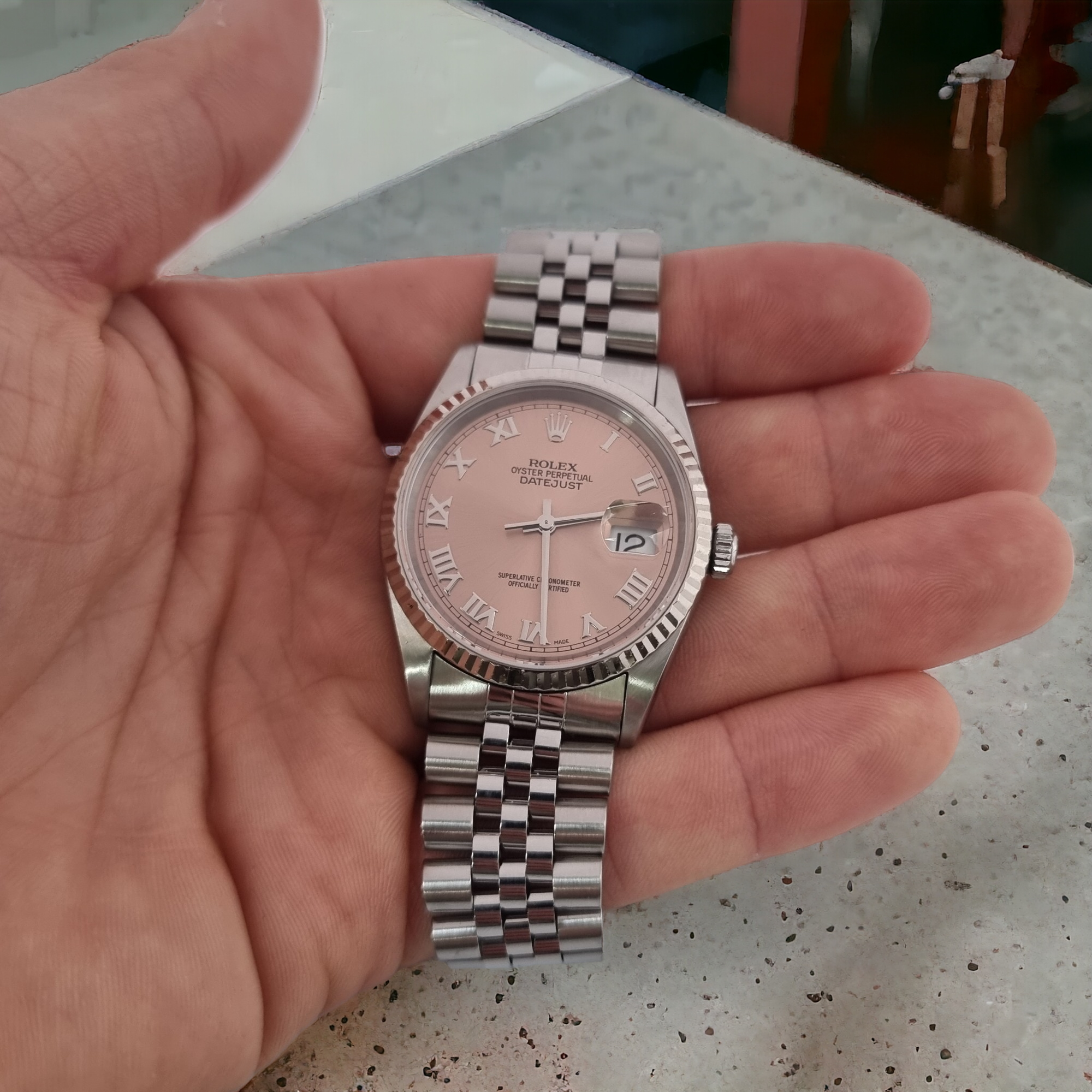 Rolex Datejust 16234 Pink Salmon Roman Numeral Dial 36mm Jubilee