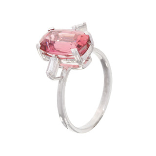 18ct White Gold 3ct Pink Tourmaline &  Baguette Diamond Three Stone Trilogy Ring