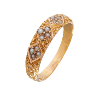 Victorian 18ct Yellow Gold Seed Pearl Trilogy Patterned Band Ring c1881