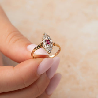 Antique 18ct Yellow Gold Ruby & 0.5ct Diamond Navette Marquise Cluster Ring