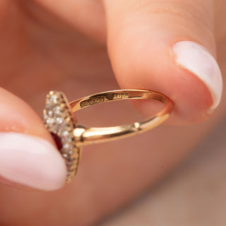 Antique 18ct Yellow Gold Ruby & 0.5ct Diamond Navette Marquise Cluster Ring