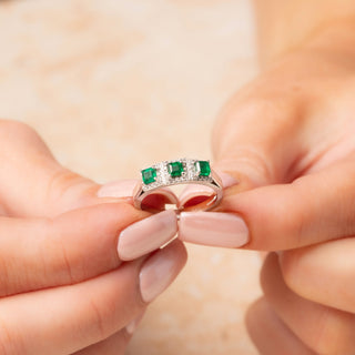 Art Deco Style 18ct White Gold 0.5ct Square Cut Emerald Trilogy & Diamond Cluster Ring