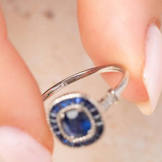 Platinum Diamond Accent & Sapphire Cluster Art Deco Style Target Ring