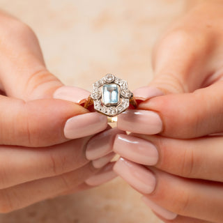 Art Deco Style 18ct Yellow Gold Emerald Cut Aquamarine & Diamond Halo Ring