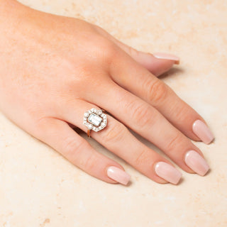 Art Deco Style 18ct Yellow Gold Emerald Cut Aquamarine & Diamond Halo Ring