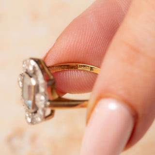 Art Deco Style 18ct Yellow Gold Emerald Cut Aquamarine & Diamond Halo Ring