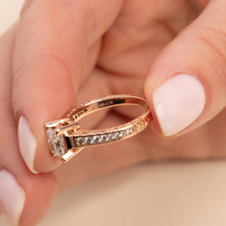 18ct Rose Gold Fleur de Lis 1.2ct Emerald Cut E/F Colour Diamond Engagement Ring