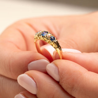 Antique 18ct Yellow Gold Five Stone 0.4ct Sapphire & 0.2ct Diamond Boat Ring